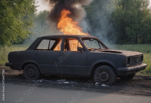 A burnt-out car. Car old burned by fire. Fire burned car.