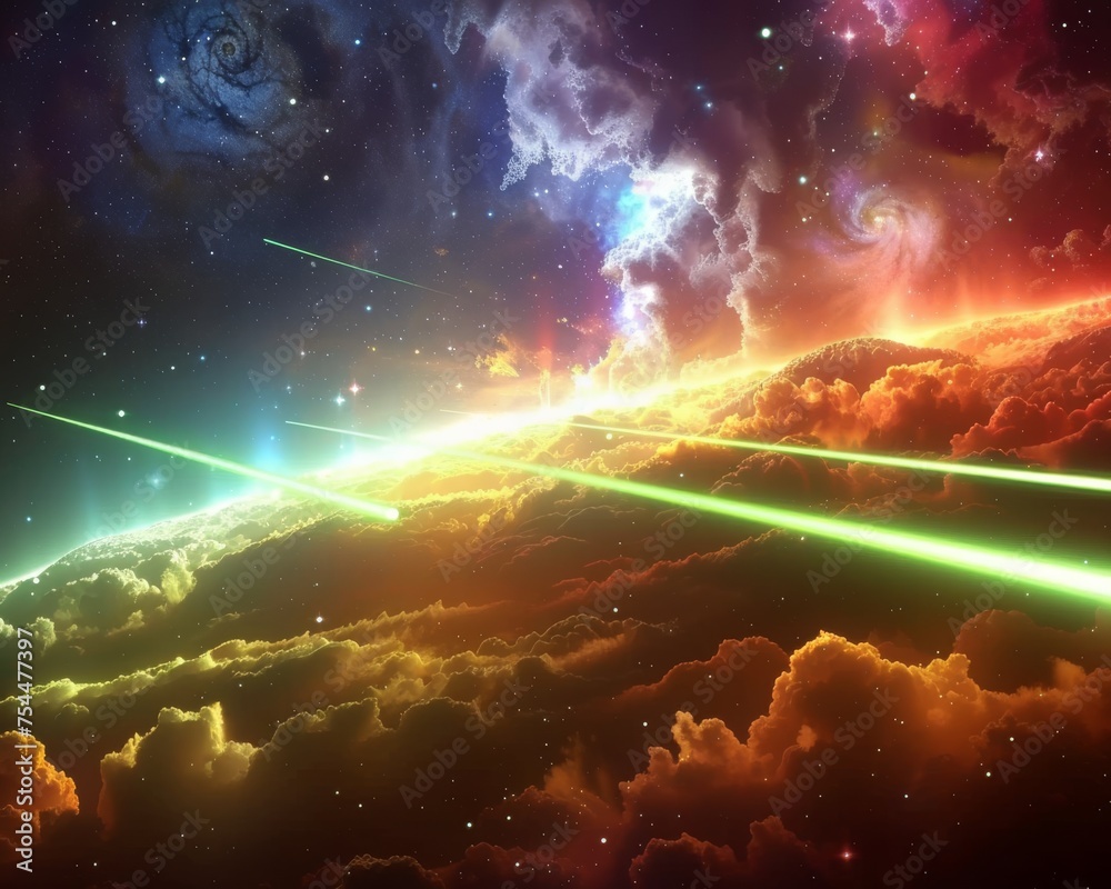 Obraz premium Dramatic Cosmic Event with Intense Light Beams Breaking Through Celestial Clouds, Ideal for Sci-Fi and Fantasy Art