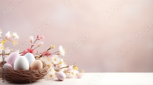 Easter concept. soft pink background with eggs in a nest and flowers