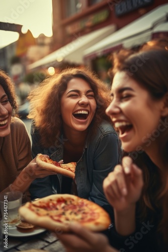 Group of women enjoying pizza at a table. Perfect for food and friendship concepts © Fotograf