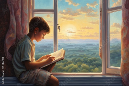 Menino lendo um livro ao lado de uma janela com uma linda paisagem. photo