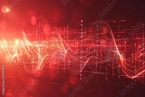 A abstract background with a red color, a light wave, a Morse code, and a sound wave photo