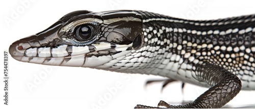  a close up of an alligator's head with a white and black stripe pattern on it's body. photo