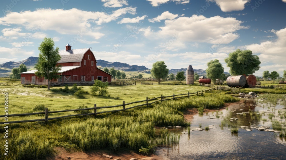A rustic red barn with silo next to a tranquil stream in beautiful countryside - rural charm.