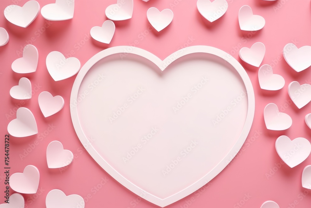 Empty heart-shaped frame surrounded by white paper hearts on pink background, ideal for Valentine's Day.