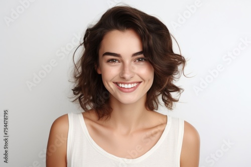 A woman wearing a white tank top smiling at the camera. Perfect for lifestyle or fashion concepts