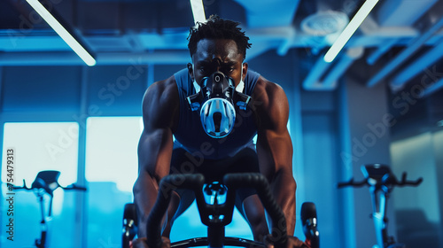 Man with hypoxic mask exercising on gym bike. photo