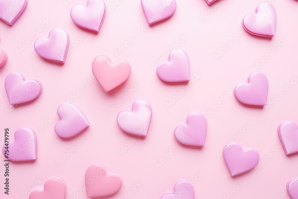 Soft pink and white heart-shaped decorations scattered on a delicate pink background.