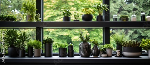 A window sill crammed with an assortment of potted plants, ranging from succulents to flowering blooms. The plants are tightly packed, creating a lush and colorful display.