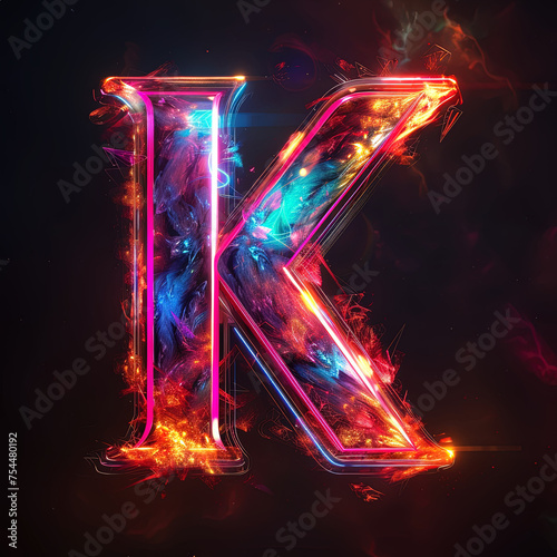K text for the logo where the font is clear, stylish,black background, neon-colored, aurora light, and sophisticated to make an eye-catching, notable, neon-colored aurora light and luxurious