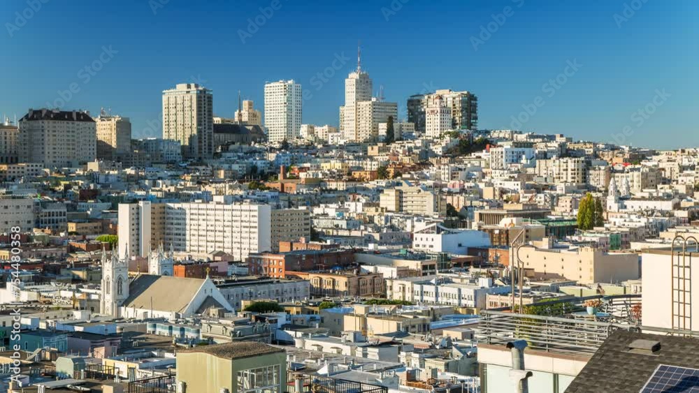 SAN FRANCISCO, USA - MARCH 7, 2024: Scenic timelapse hyperlapse city view on San Francisco downtown, historical and business city center, famous touristic landmark. SAN FRANCISCO, USA - MARCH 7, 2024: Scenic timelapse hyperlapse city view on San Francisco downtown, historical and business city center, famous touristic landmark.