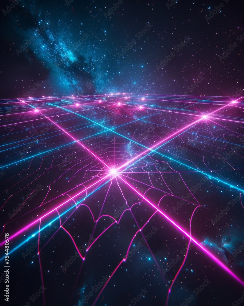 Vivid neon lines converging in a digital landscape under a cosmic sky, invoking a sense of advanced technology and infinite possibilities