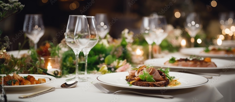 A festive table setting adorned with plates of delicious food and sparkling wine glasses, creating an inviting ambiance for guests and visitors at a holiday banquet in a restaurant. A festive table setting adorned with plates of delicious food and sparkling wine glasses, creating an inviting ambiance for guests and visitors at a holiday banquet in a restaurant.