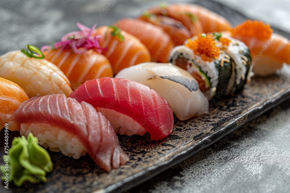 A beautifully arranged plate of sushi and sashimi delicacies on a wooden table, a feast for the senses. A beautifully arranged plate of sushi and sashimi delicacies on a wooden table, a feast for the senses.