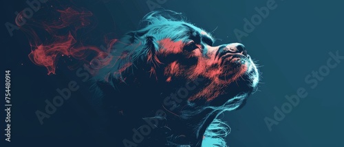  a close up of a dog's face with red smoke coming out of the dog's mouth on a blue background.