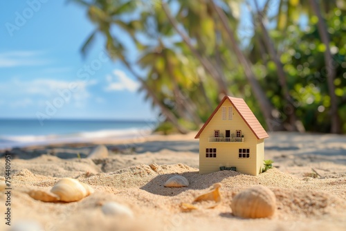 A small house surrounded by sandy beach, blending into the tranquil seaside setting.