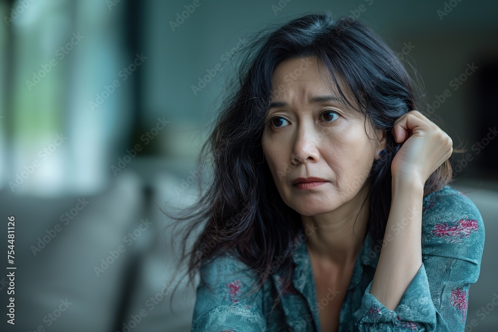 A Singaporean woman in her 30s looking stressed while sitting with her hand on her head. A Singaporean woman in her 30s looking stressed while sitting with her hand on her head.