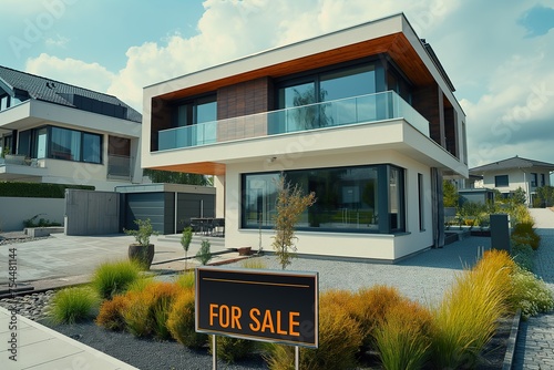 A sleek, modern house with a For Sale sign in front, awaiting its new inhabitants.