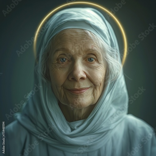 A saintly elderly woman radiates light with a halo around her head, embodying wisdom and grace.