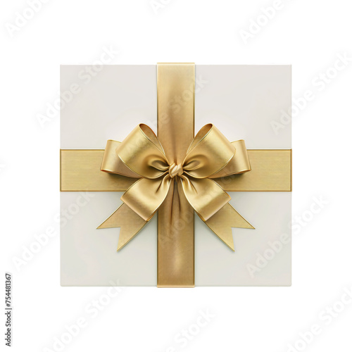 A top view of a white gift box with a golden ribbon bow decoration on an isolated background