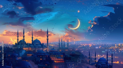 A panoramic view of a city skyline at dusk mosques illuminated with minarets reaching towards the sky, crescent moon emerging above the cityscape.A majestic portrayal of faith and unity during Ramadan