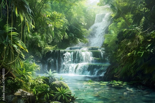 Sunlit tropical waterfall with clear blue water - Sunbeams filter through the trees  illuminating the multi-tiered waterfall and tranquil teal waters  highlighting a vivid ecosystem