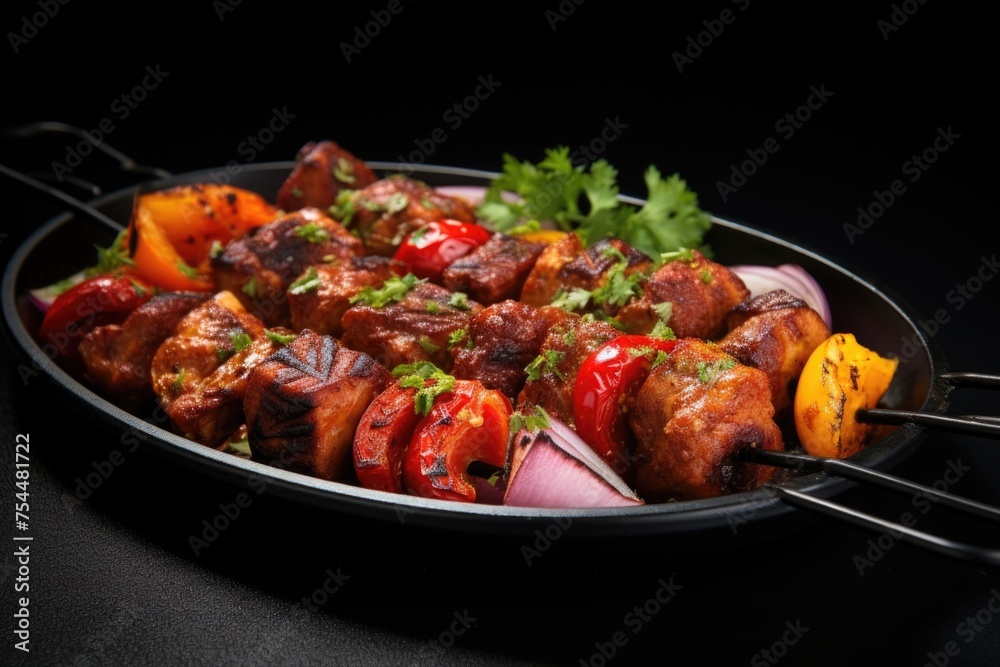A pan filled with meat and vegetables on a table. Suitable for food and cooking concepts