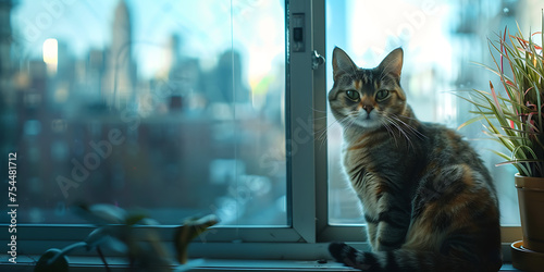 Gato curioso na janela observando a cidade em close com uma lente de 50mm photo