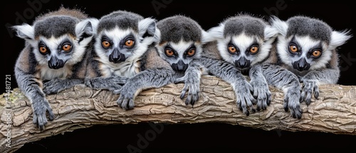  a group of lemurs sitting on top of a tree branch with their hands in the air and looking at the camera.