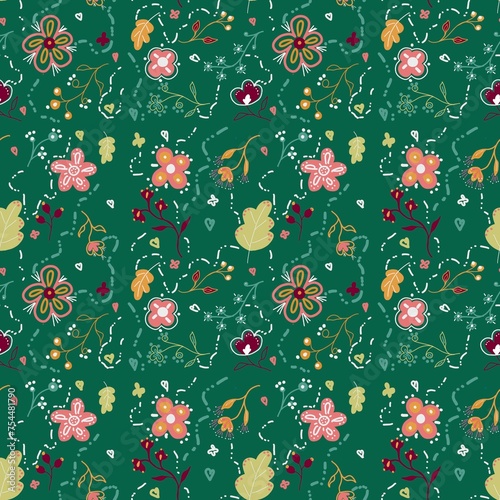 stylized composition with flowers on a green background