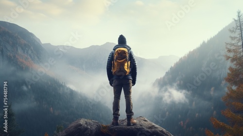 A person standing on top of a mountain with a backpack. Ideal for outdoor adventure concept