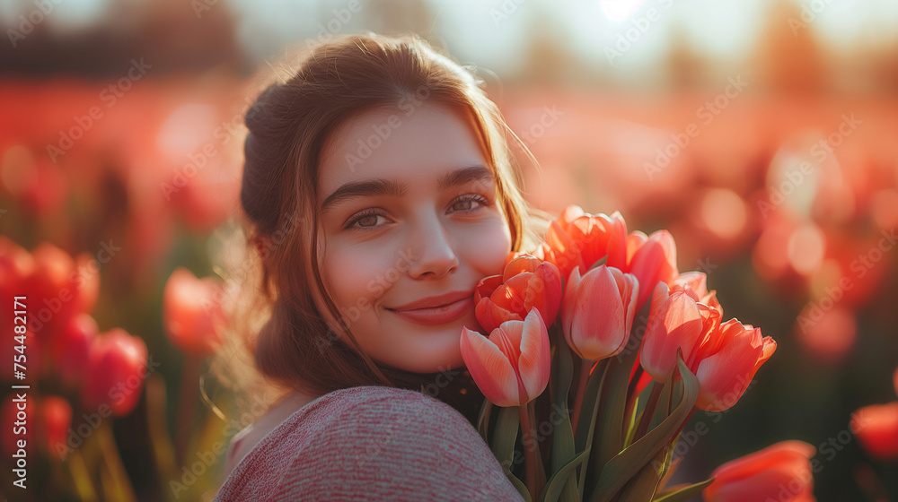 Blühende Zuneigung: Junge Frau genießt den Duft von Tulpen - obrazy, fototapety, plakaty 