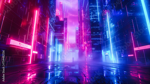 Neon Futuristic Tunnel with Abstract Geometric Shapes  Digital Technology and Sci-Fi Concept  Vibrant Urban Architecture