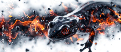  a close up of a black and white animal with red and orange flames on it's body and a black and white background.