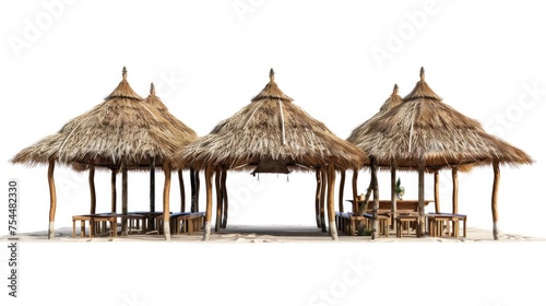 Tropical Getaway. Beachside Bars and Relaxation - Thatched roof bars offering shade and relaxation to vacationers  capturing the essence of tropical holidays.