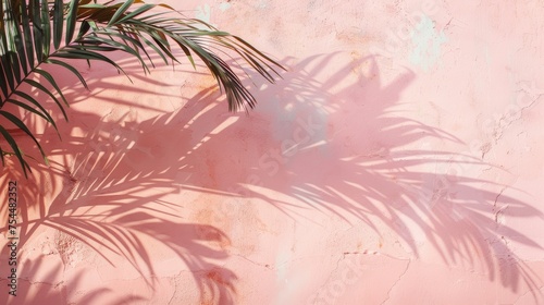 Palm tree shadow on a pink textured wall background, holiday concept wit palm tree leaves and a mediterranean pink textured wall, a tropical template with palm tree leaves and shadows and copy space photo