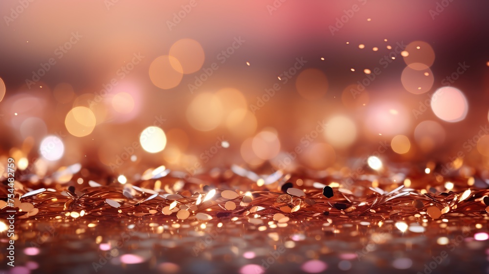 Christmas bokeh background with pink and gold confetti.