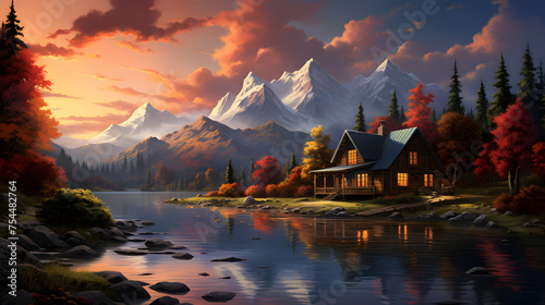 A quiet lakeside retreat surrounded by mountains, a cozy cabin by the water, and beautiful escapes picture, Generative AI