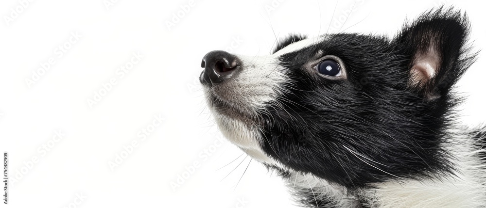 a close up of a black and white dog with it's head turned to the side with a white background. a close up of a black and white dog with it's head turned to the side with a white background.