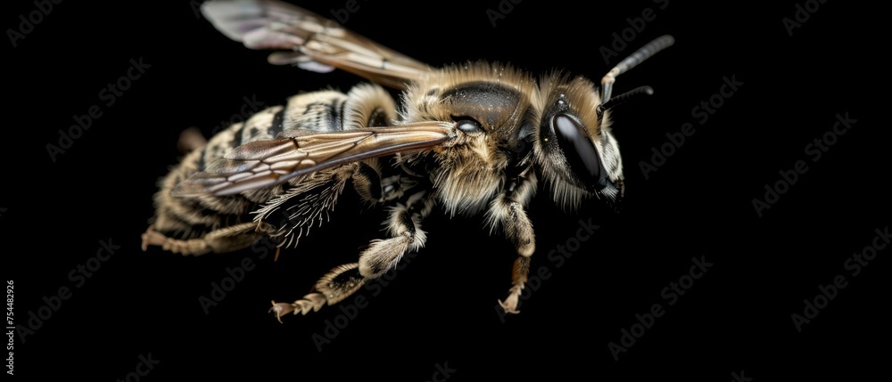 Naklejka premium a close up of a bee on a black background with a black back ground and a black back ground with a black back ground.
