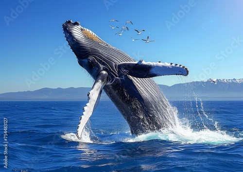 Realistic Image of a Humpback Whale Leaping from Ocean Waters with a Clear Blue Sky