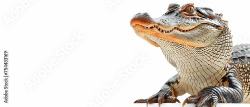  a close up of a large alligator on a white surface with a white back ground and a white back ground.