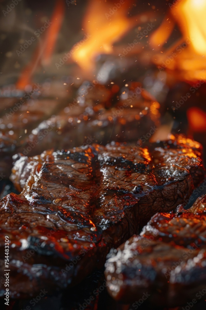 Steaks cooking on a grill with flames in the background. Ideal for food and cooking concepts Steaks cooking on a grill with flames in the background. Ideal for food and cooking concepts
