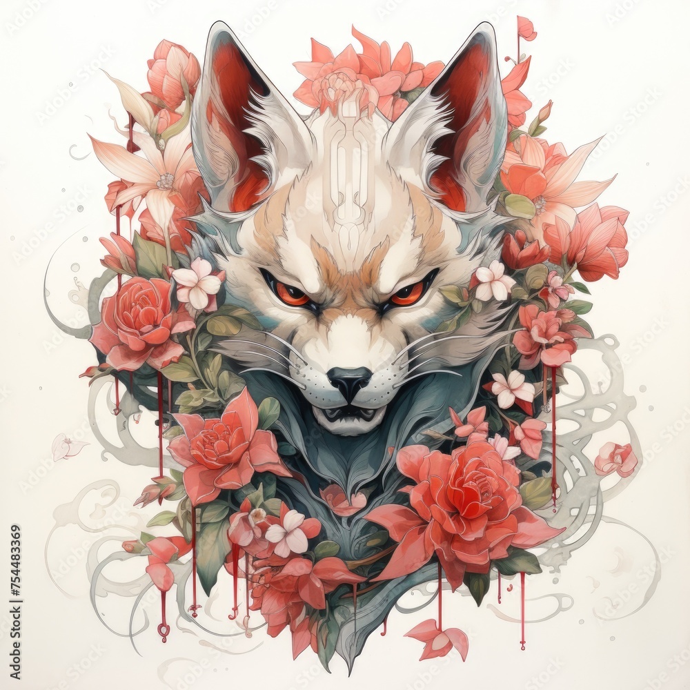 Fototapeta premium A drawing of a fox with red eyes surrounded by flowers. Suitable for nature and wildlife themes