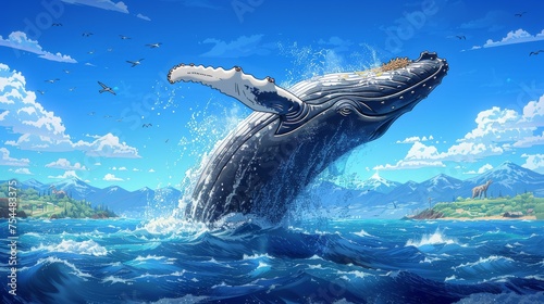 Gigantic Humpback Whale Leaping from the Ocean Surface with Mountainous Landscape in the Background