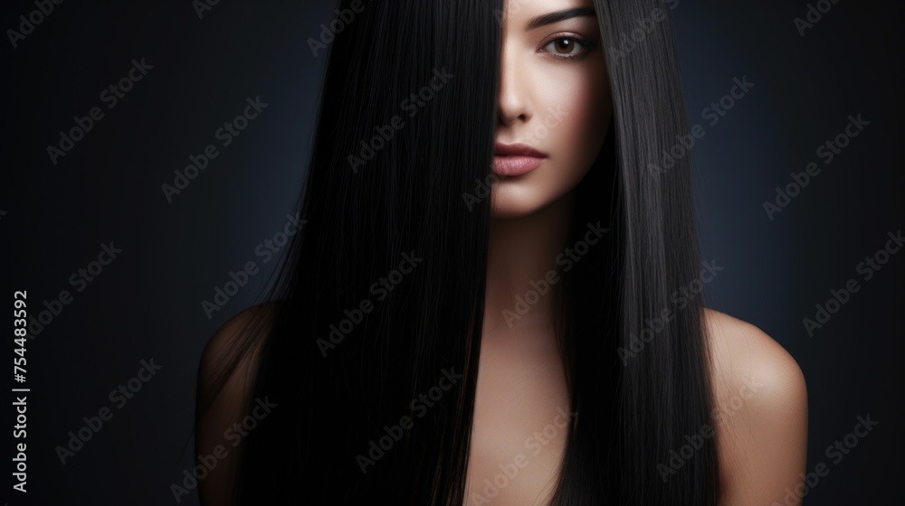 A woman with long black hair posing for a picture. Perfect for lifestyle and beauty concepts