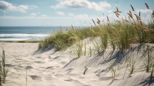 A serene sandy beach with grass and sand dunes. Perfect for travel and nature concepts © Fotograf