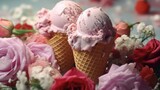 Two ice cream cones with pink and red flowers, perfect for summer treats