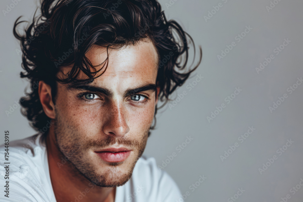 Portrait of a young caucasian man isolated from a grey copy space background ideal for text Portrait of a young caucasian man isolated from a grey copy space background ideal for text