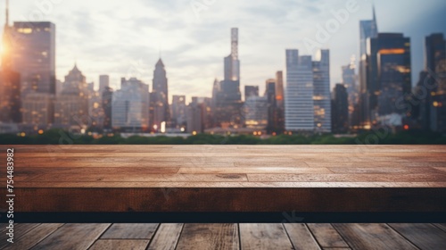 City skyline view from a wooden table, suitable for urban concepts